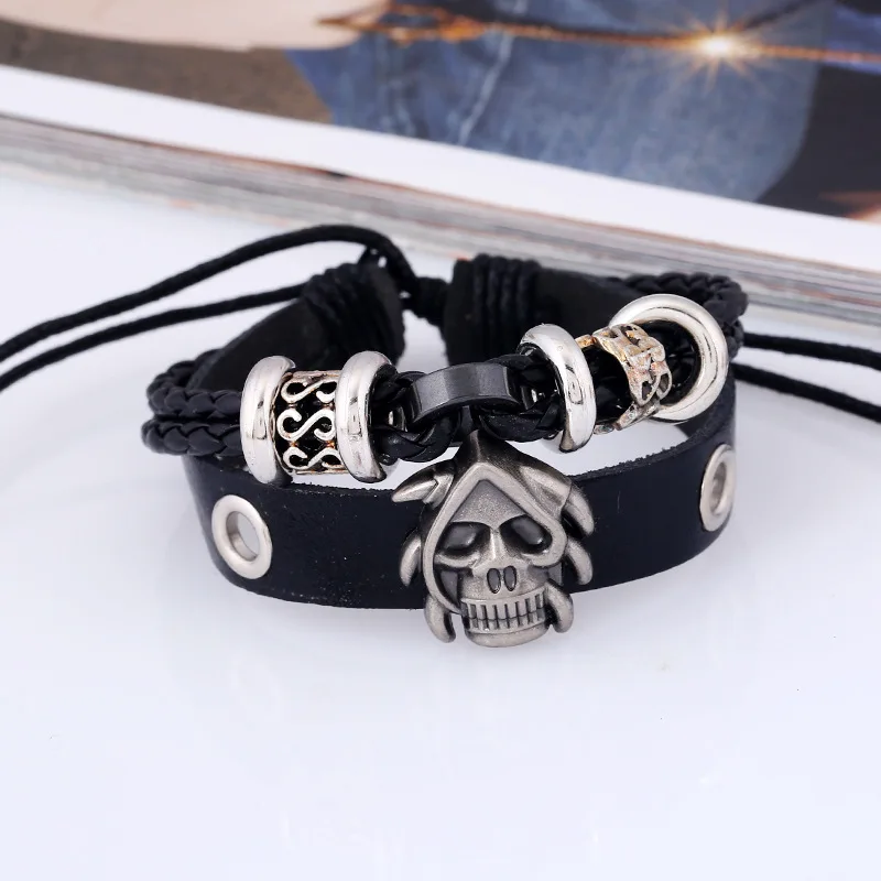 

Vintage Retro Rivet Punk Cool Hip Hop Accessorie Bracelet Handmade Cowhide Skull Skeleton Viking Cuff Braid Bangles