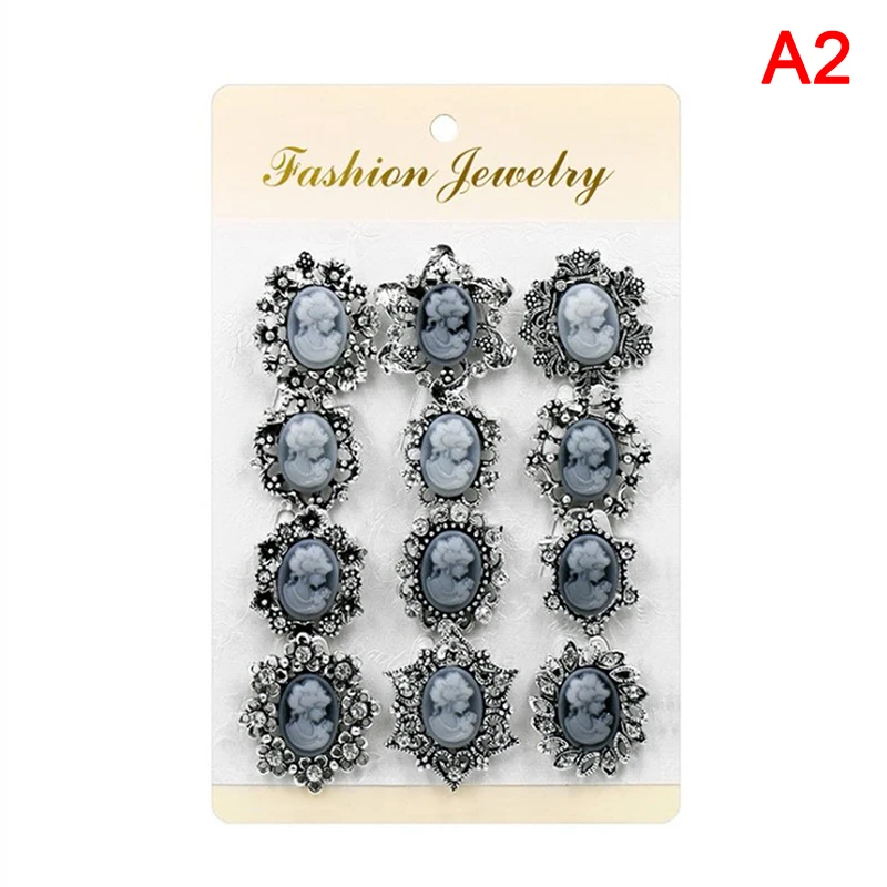 Beautiful 12 Pieces Vintage Style Resin and Rhinestones Brooch Pins in Antique images - 6