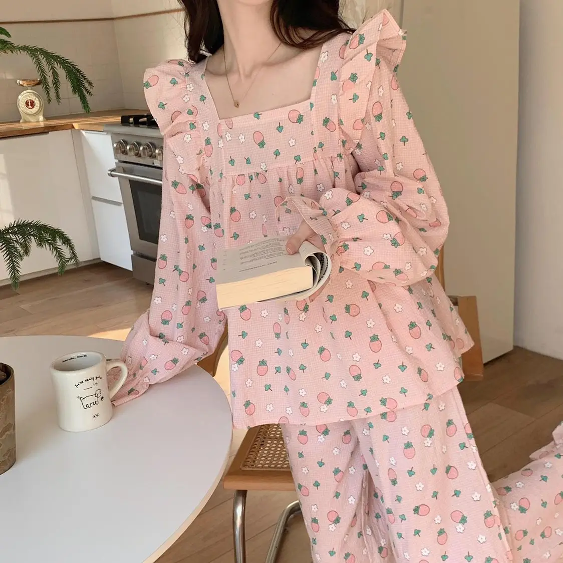 

Strawberry Sleepwear Women Pajama Sets Square Collar Pants Sets 2 Pieces Piiama Korean Style Full Sleeve Autumn Night Wears New