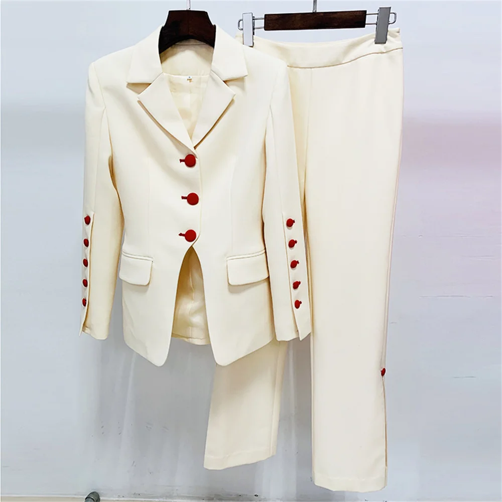 Set Woman 2 Piece Blazer Pants Beige Single Breasted Personalized Tailoring Blazer Pant Suits Fashion Office Ladies Formal Suit