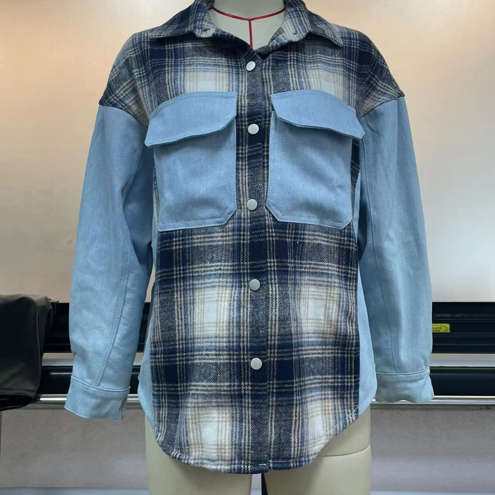 2022 New Women's Premium Jacket Lapel Denim Pocket Plaid Splice Coat