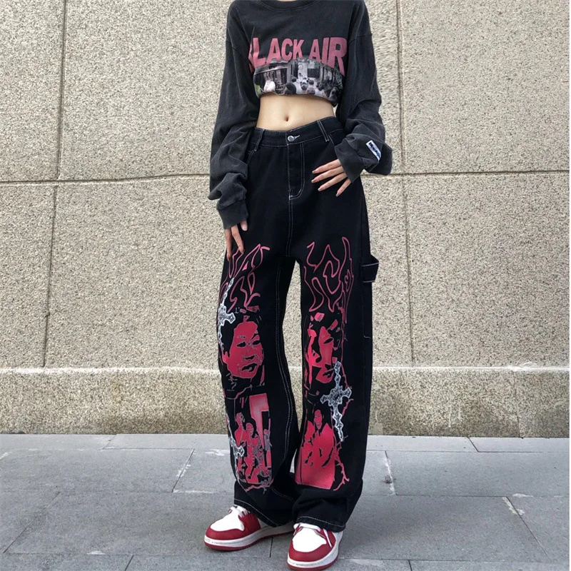 2022 Men's and Women's Personality Hip Hop Yuansuo Style American Retro Dark Portrait Printed Washed Couple Jeans