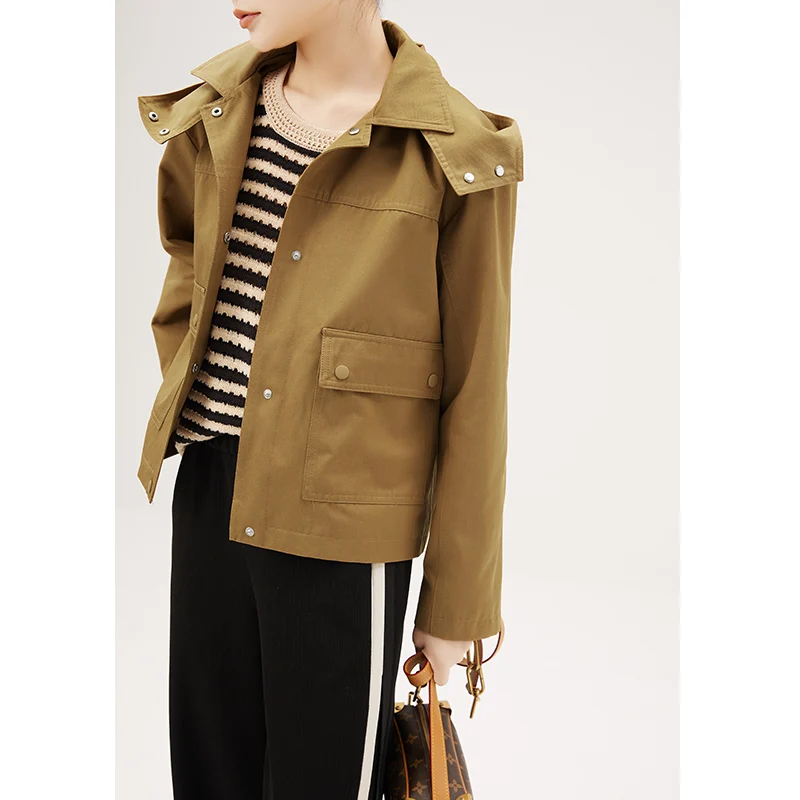 

New 2022 Jackets for Women Hooded Safari Style Pockets Autumn/Winter Covered Button Wide-waisted Detachable Hat
