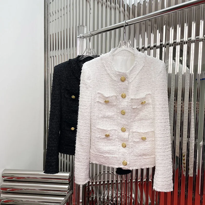 

22 Runway Black White Tweed Woven Jacket Women Glod Button O Neck Long Sleeve Pocket Short Outerwear Elegant Design Chic Coat