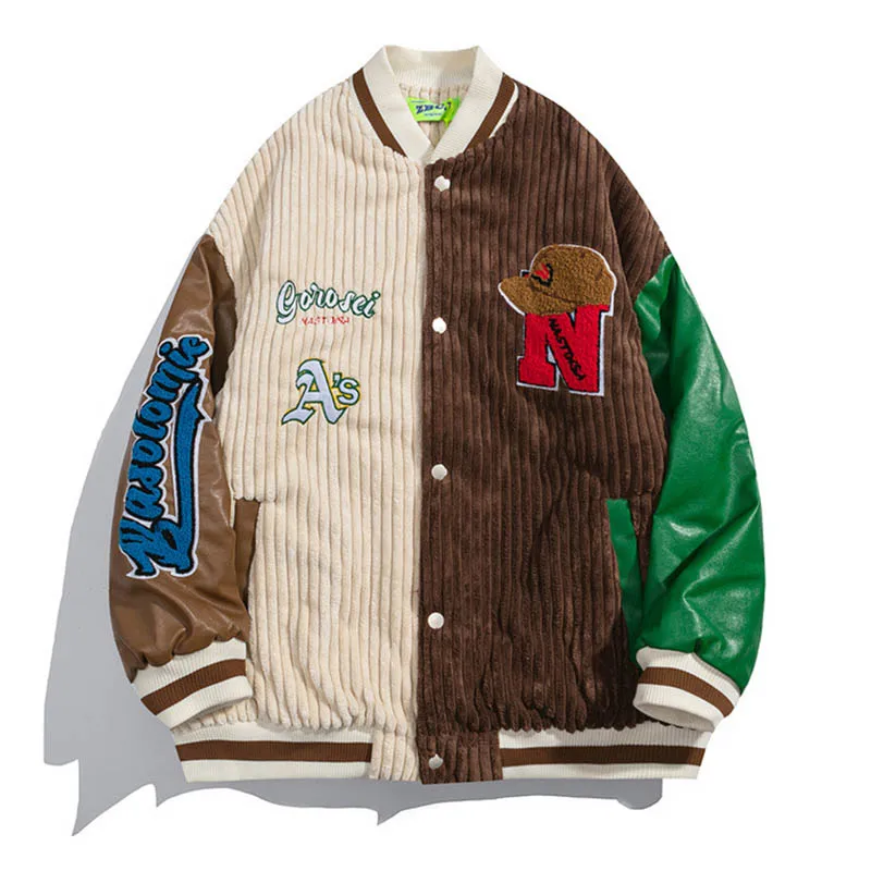 

Harakuju Corduroy Streetwear Casual Baseball Jackets Streetwear Color Block Patchwork Outwear Coats For Male Thermal