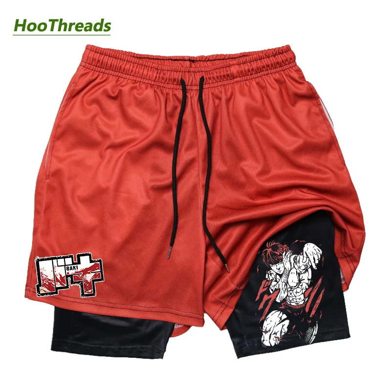 Baki Print  2 in 1 Gym Shorts for Men Athletic Compression Shorts with Pockets Quick Dry Stretchy Bodybuilding Fitness Running