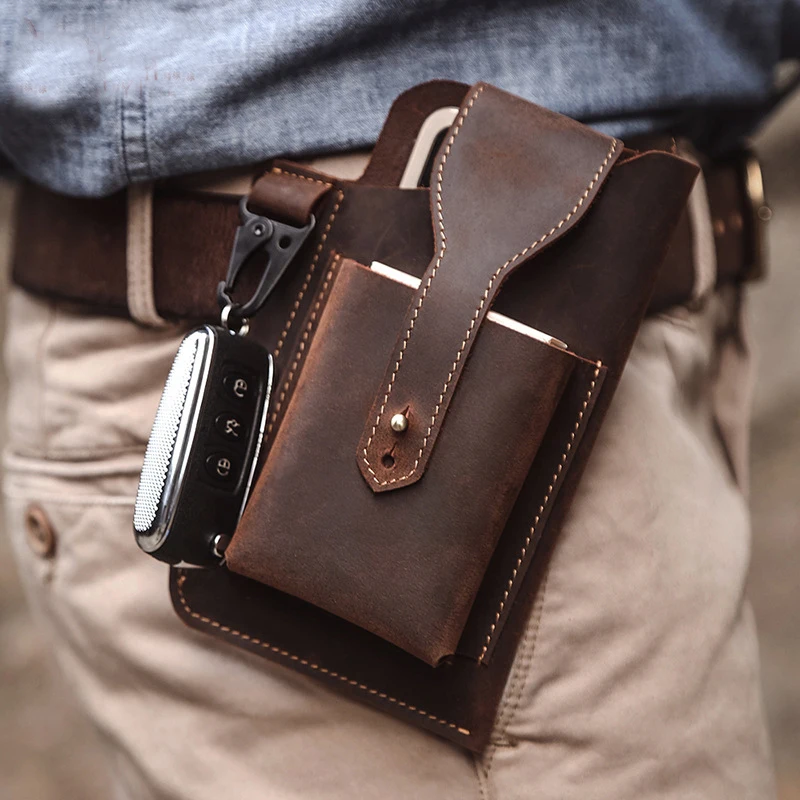 Outdoor Cellphone Holster Sport Running Mobile Phone Storage Belt Bag Crazy Horse Leather Men's Cell Phone Holder Fanny Pack