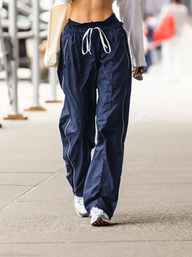 

Sports Side Stripe Sweatpants Women Vintage 90s Straight Sports Trousers Lace-up Elastic Low Rise Baggy Casual Pants Streetwear
