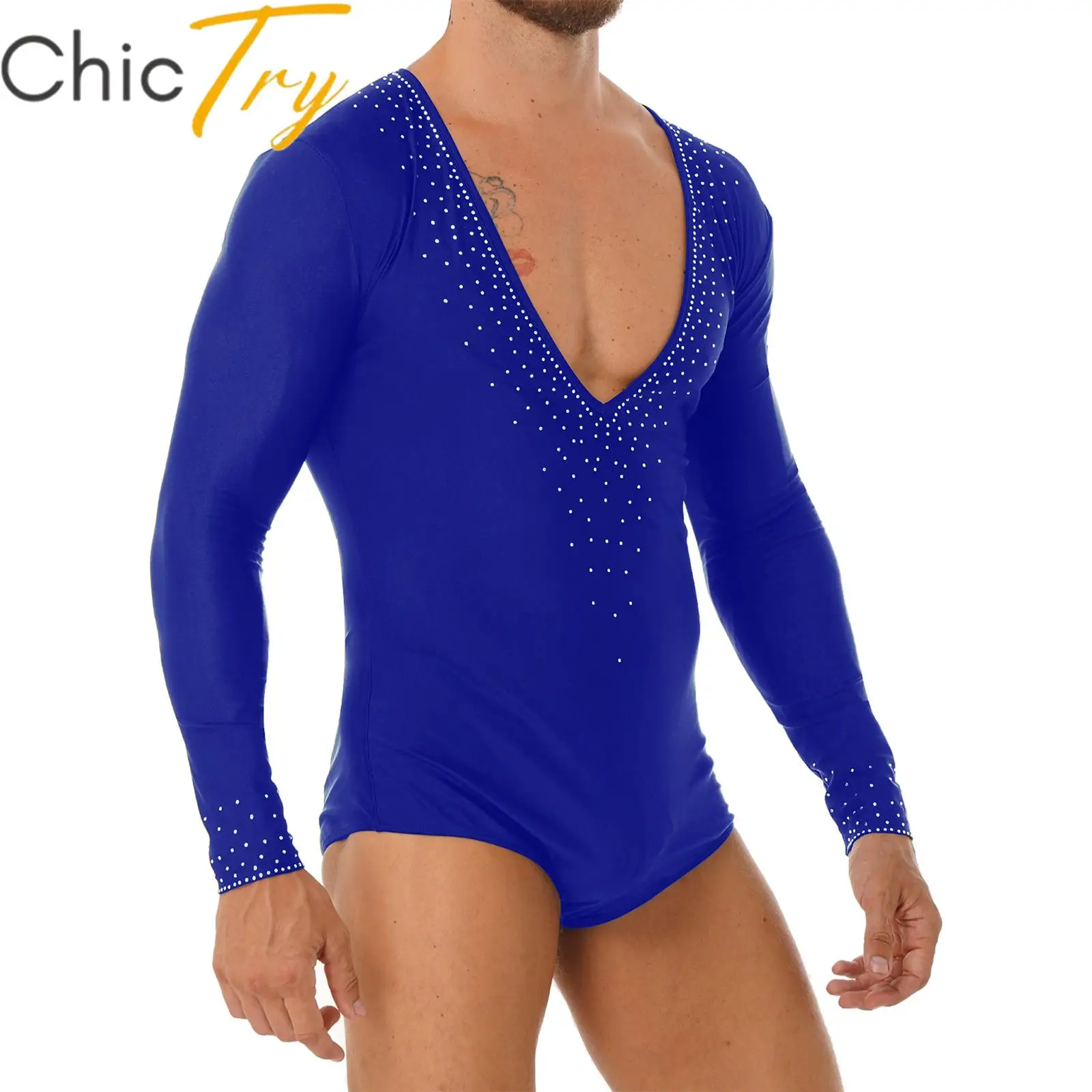 

Mens Latin Dance Leotard Shiny Rhinestone Bodysuit Stage Performance Long Sleeve Jumpsuit Gymnastics Workout Dancewear Costume