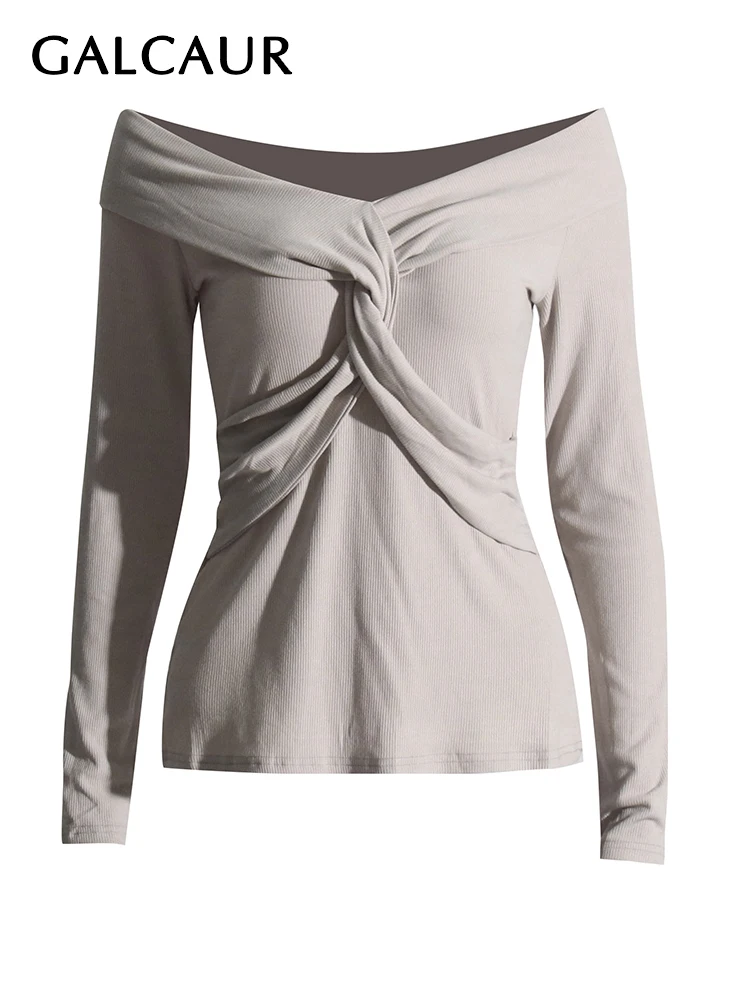 

GALCAUR Solid Crisscross Folds T Shirts For Women Slash Neck Long Sleeve Off Shoulder Autumn Minimalist Slimming T Shirt Female