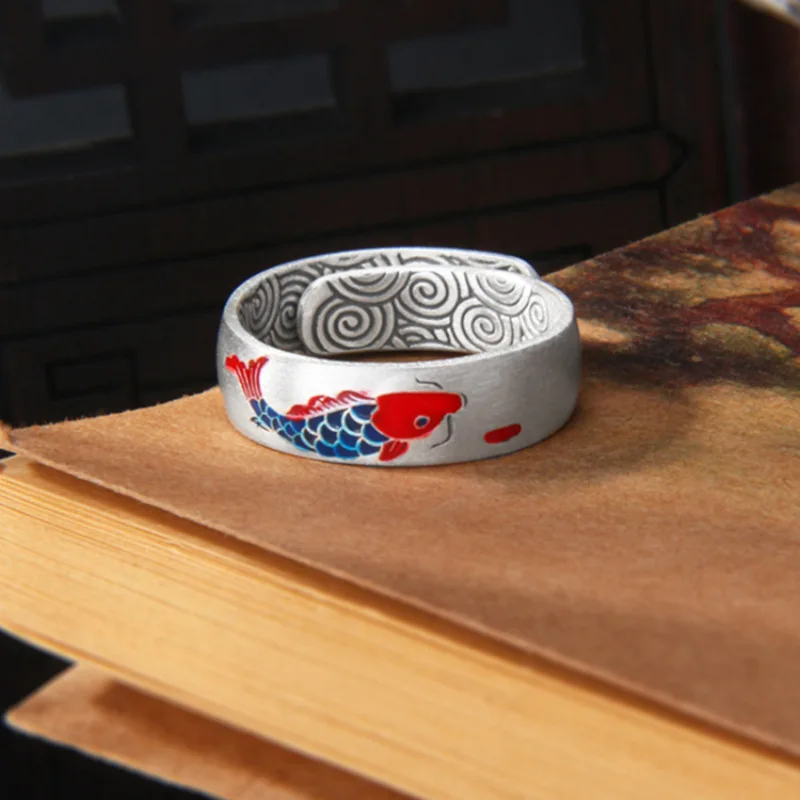 

Красное китайское Шикарное Кольцо в старинном стиле Koi, кольцо с цветным рисунком