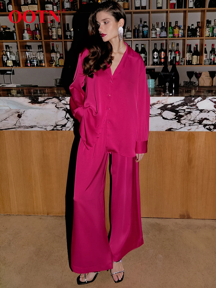 

OOTN элегантные черные костюмы, женские рубашки с отложным воротником, широкие брюки, комплекты из двух предметов, 2023, весенне-осенние свободн...