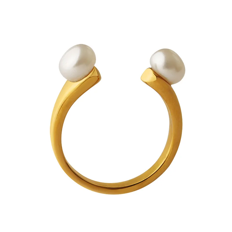 

European Style Natural Freshwater Pearl Inlaid Ring Personality Fashion U-shaped Opening Design Gold Plated Ring