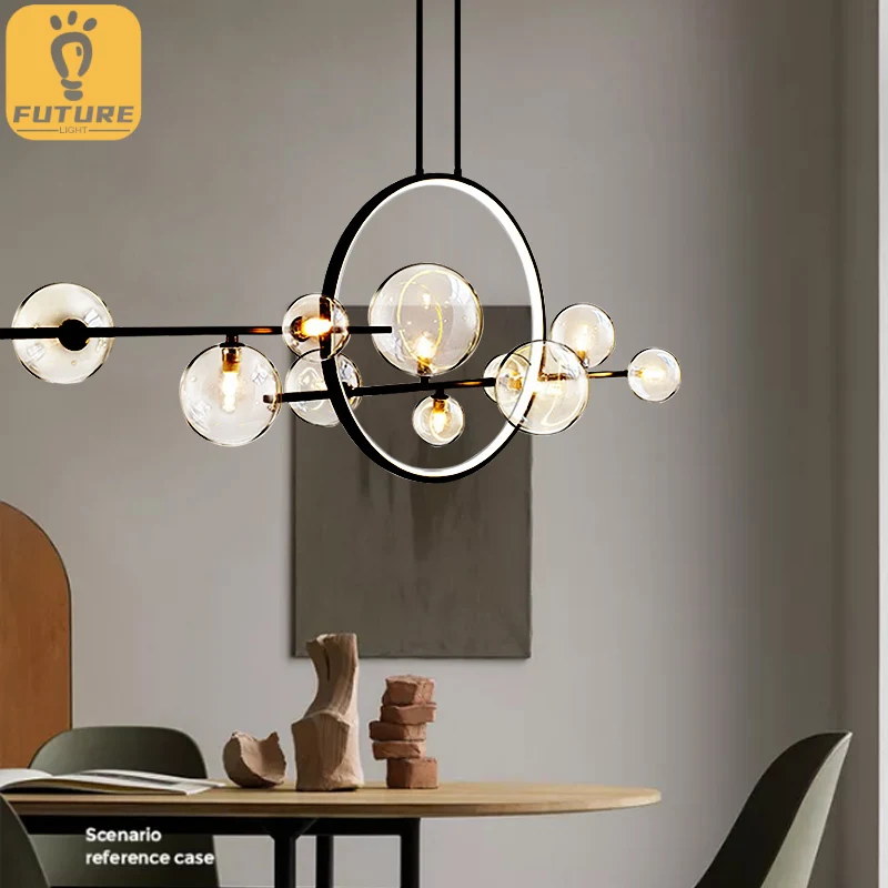 

Modern 10 Bubbles Black Long Pole Dining Room Hanging Light Round Ring Led Pendant Light Kitchen Suspension Lamp Fixtures