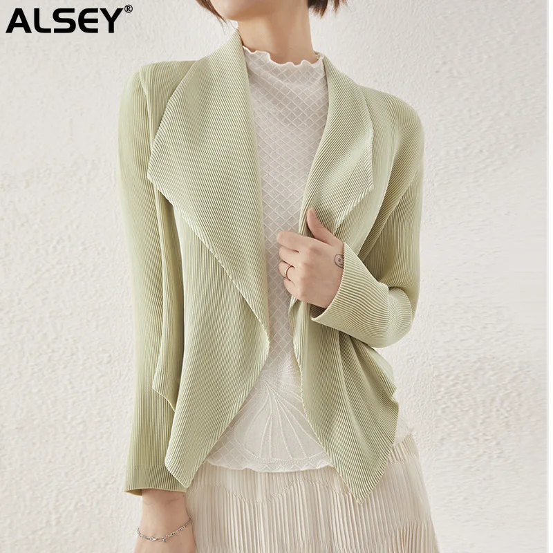 

ALSEY Miyake Pleated Women's Jacket 2023 Spring and Autumn New Blend Solid Color Irregular Design Short Long Sleeve Cardigan Top