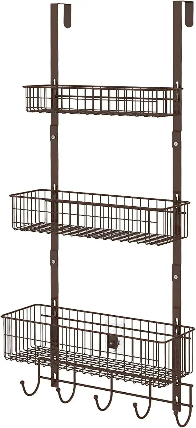 

Over The Door Hanging Organizer Rack with 3 Mesh Baskets 5 Hooks, Brown