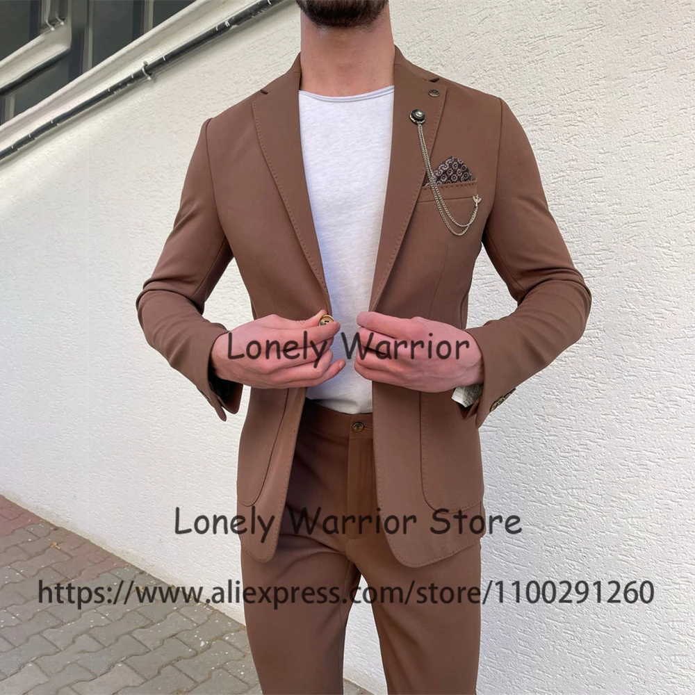 Handsome Brown Daily Mens Suits Formal Business Blazer Slim Fit Wedding Tuxedo Banquet 2 Piece Set Costume Homme Jacket Pants