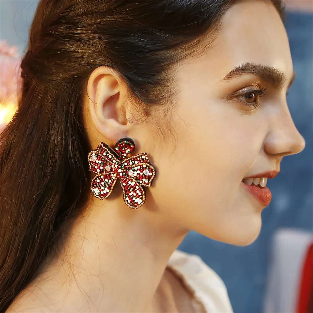

NCEE 2023 New Bohemian Fashion Bow Earrings Christmas Handwoven Rice Beads Earrings Jewelry Gifts