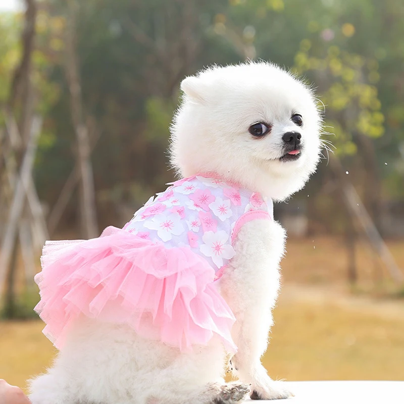 

Spring Summer Lace Dog Clothes Cat Skirt Luxury Teddy Bichon Chihuahua Small And Medium Dogs Peach Blossom Dress Pet Clothing