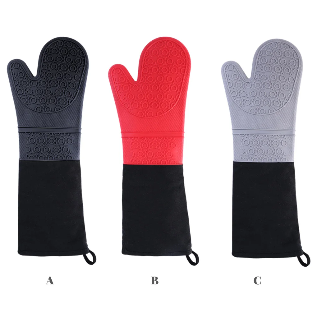 

1 Piece Silicone Glove Long Thick Insulation Mitt Home 2 Layer Cotton Baking Glove for Oven Microwave Gray