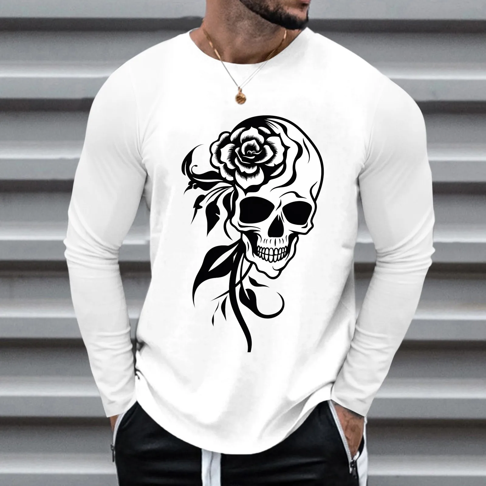 

Men‘S Long Sleeve T Shirts Solid Color Casual Halloween Skull Print T Shirt Oversize Vintage O-Neck Tee Shirt Streetwear Outfits