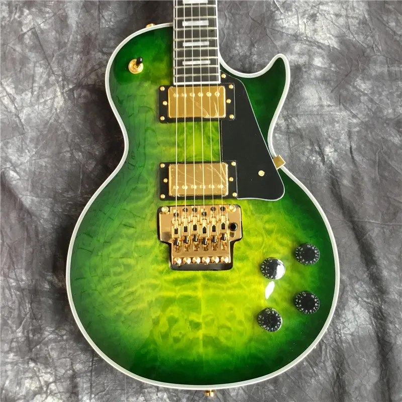 

LP custom electric guitar high quality musical instrument, optional color, green big flower, with vibrato. Gold accessories