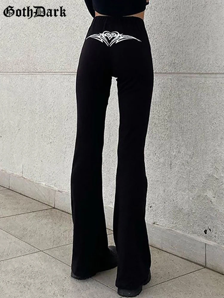 

Goth Dark Emo Wing Print Mall Gothic Flare Pants Grunge Aesthetic High Raise Women Trousers Black Casual Skinny egirl Sweatpants