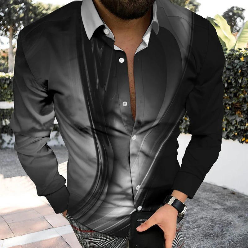 

Luxury Fashion Men Shirts Oversized Buttoned Casual Shirt Arc Print Long Sleeve Tops Men's Clothing Hawaii Prom Blouses Cardigan