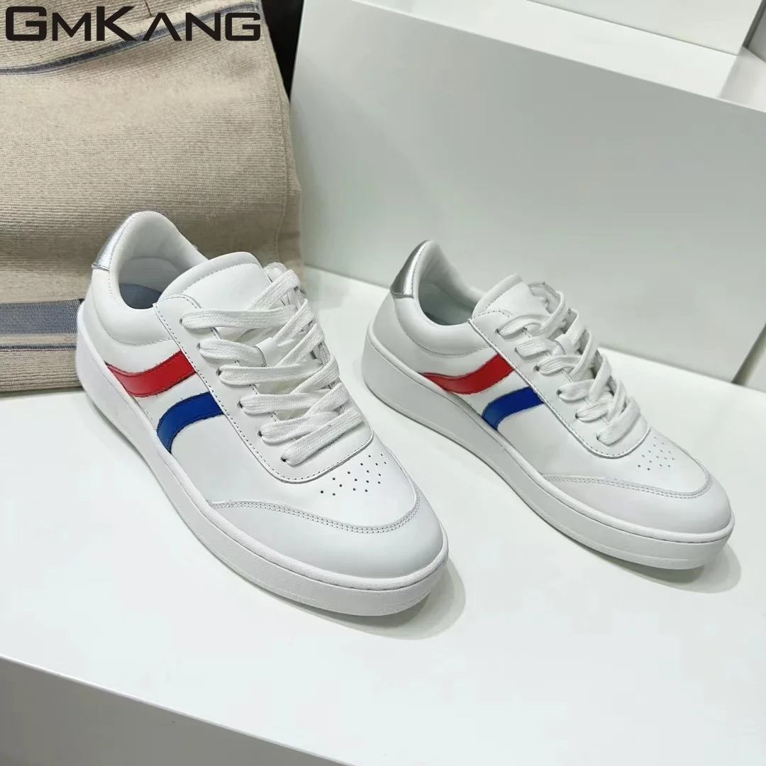 Thick soled casual shoes for women, genuine leather lace up small white shoes for women, round toe casual flat bottomed sports s