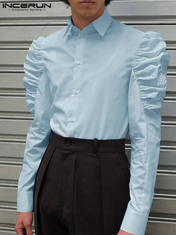 

Fashion Men Casual Shirt Solid Color Lapel Puff Long Sleeve Button Dress Shirts 2022 Elegant Streetwear Men Clothing 5XL INCERUN