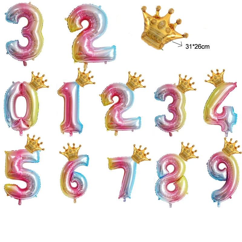 

2Pcs 32 Inch Version Gradient Digital Mini Crown For Boys And Girls' Birthday Party Decoration Background Aluminum Film Balloon