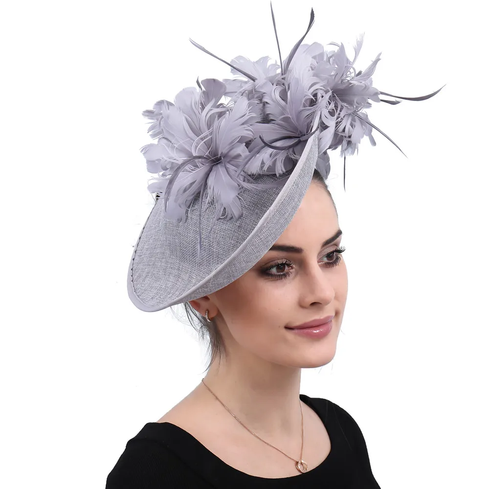

Fascinators Grey Church Sinamay Hat With Feather Fedora Hats Millinery For Women Derby Cocktail Party Bridal Ladies Church Hats