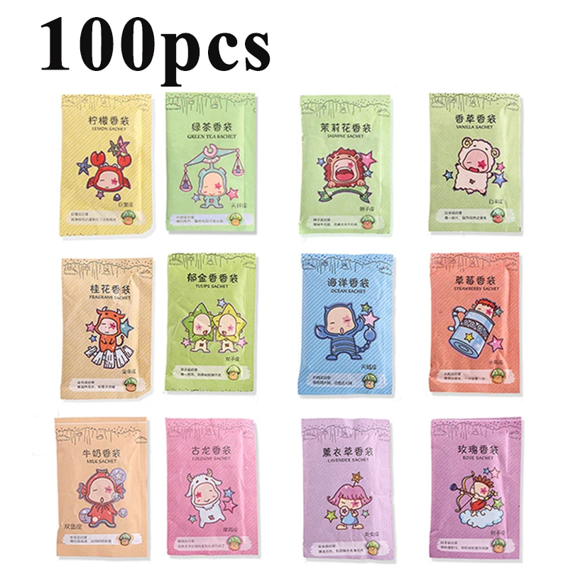 

100pcs Fragrance Sachets Freshener Bag Natural Aromatherapy Random Taste Incense Wardrobe Cupboard Air Flavor Scent Lemon Rose