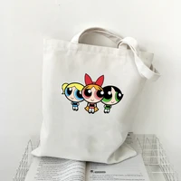 powerpuff print women tote bag harajuku unisex casual handbag shopper shoulder bags canvas bag reusable shopping bag