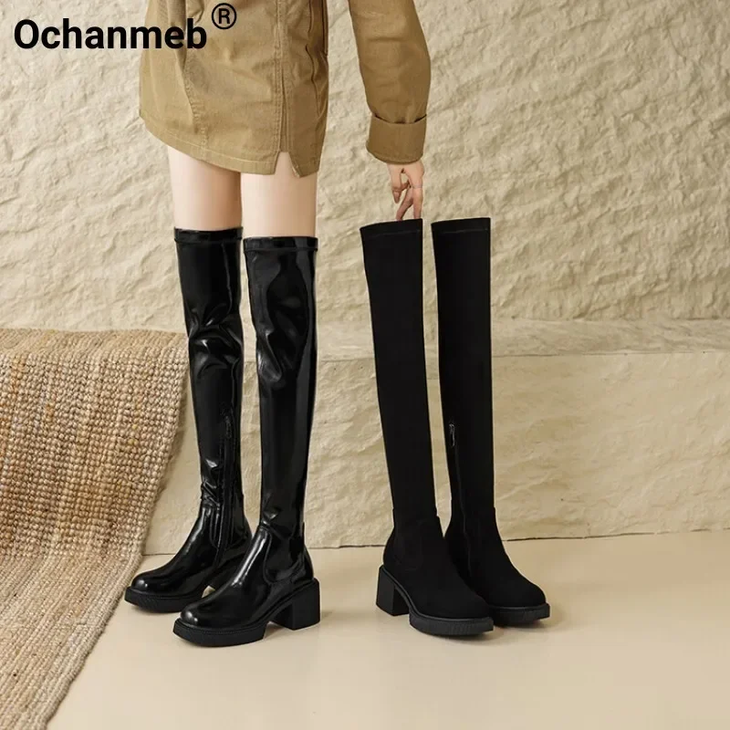 

Женские эластичные сапоги Ochanmeb из искусственной замши, зимние сапоги выше колена на массивном каблуке, женские элегантные сапоги на платформе с круглым носком и молнией, 40