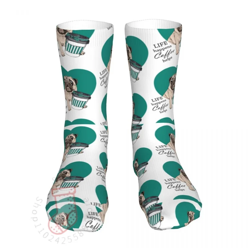 

Sweet Pug Life Happens Coffee Helps Socks Men Women Polyester Cute Dog Socks Hip Hop All Year Long Socks Gifts