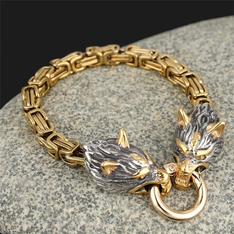 

Nordic Vikings Celtic Wolf Head Bracelets Mens Stainless Steel Oding Wolf Bangles Amulet Never Fade Gold King Chain Rock Jewelry