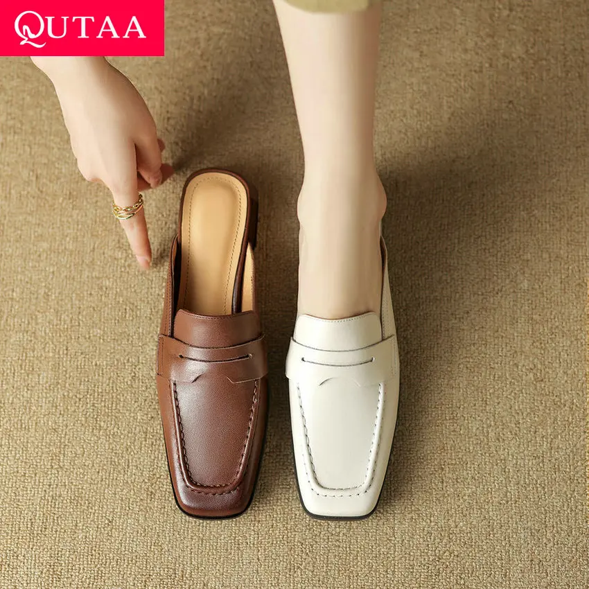 

QUTAA/2023 г. Весенне-летние женские туфли-лодочки повседневные офисные шлепанцы с квадратным носком на низком каблуке обувь из натуральной кожи женские размеры 34-39