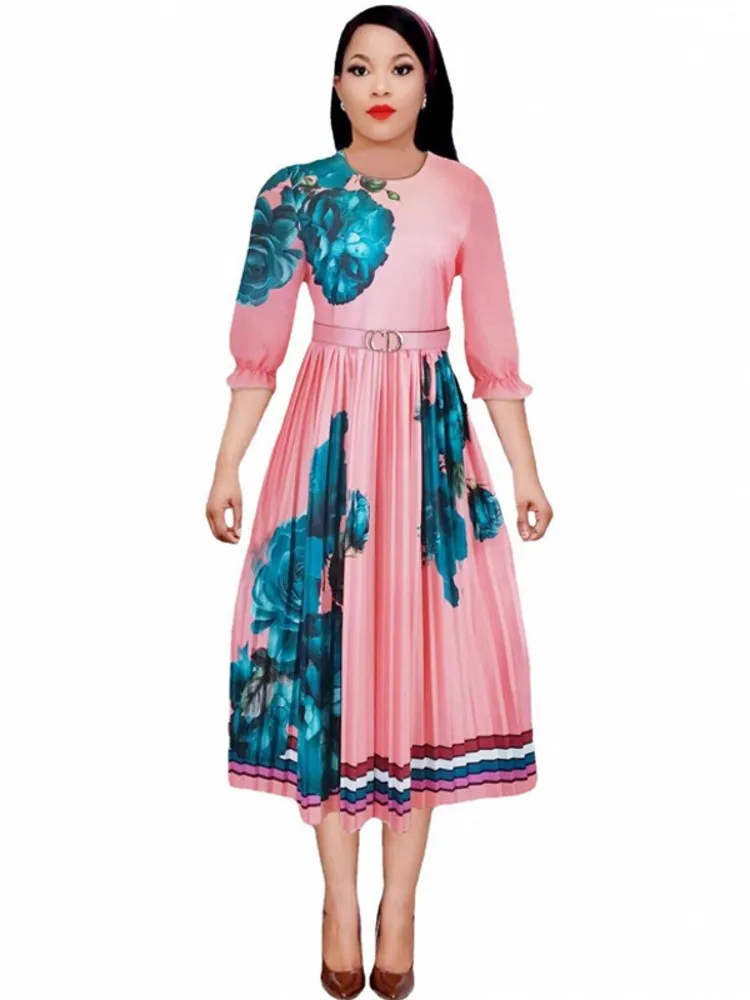 

Summer Pleated Dress Women 3/4 Sleeve High Waist O Neck Robes 2022 New Fashion Floral Print Elegant Office Lady Long Dress Gown