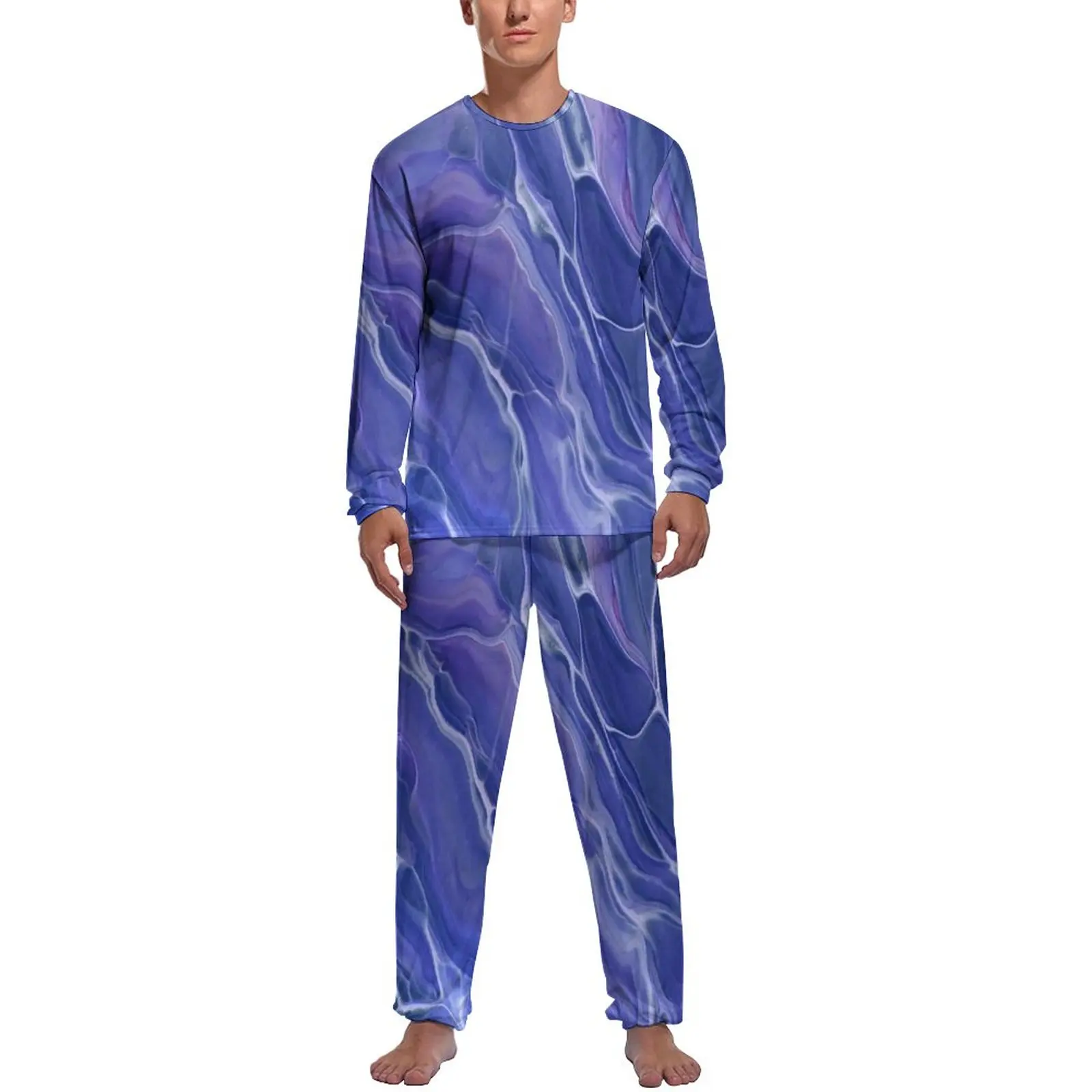 

Lavender Blue Marble Pajamas Autumn Fantasy Violet Abstraction Home Sleepwear Men 2 Piece Pattern Long-Sleeve Cute Pajama Sets