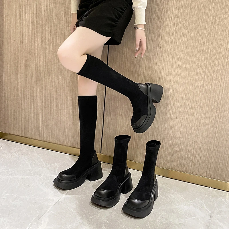 2023 British School Tight Boots Square Toe Platform Thick Heels Flocking Convenient Thigh High Boots Boots Women