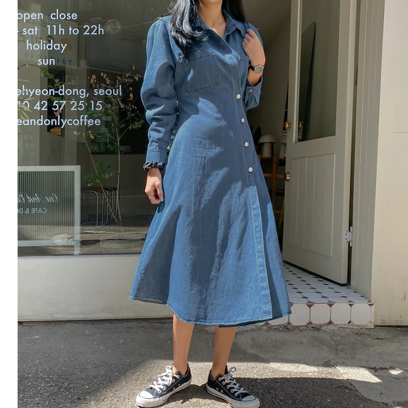 

Ретро нишевой лацкан с диагональной пряжкой дизайн для тонкой талии, однотонное, длинное моющееся джинсовое платье для женщин