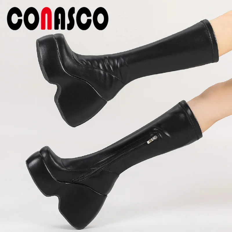 

CONASCO 2023 Women Knee High Boots Platforms Wedges Heels Punk Style Fashion Concise Autumn Winter Party Night Club Shoes Woman
