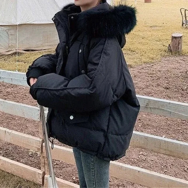 Women Bread Clothing Korean Solid Color Parkas Simple Student Loose Cotton Coats Winter Fur Collar Hooded Thicken Warm Jackets