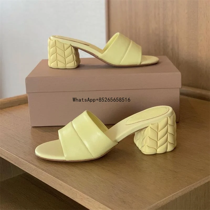 

Summer Slippers Round Toe Women Slippers Concise High Heels Fashion Genuine Leather Personality Women Shoes New Hot Shoes Woman