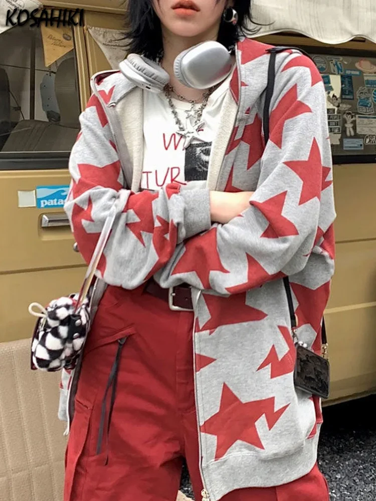 

Женская Асимметричная толстовка с капюшоном, свободная куртка в стиле Харадзюку, с принтом звезд, в готическом стиле, в японском стиле, осень 2023