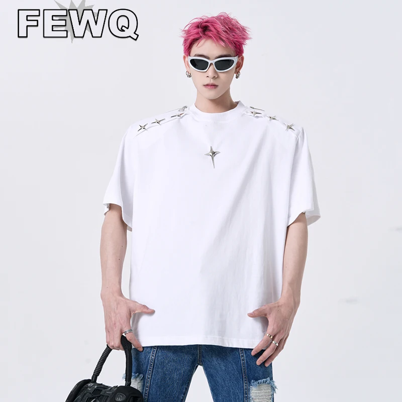 

FEWQ Y2k Men's T-shirts Short Sleeve Male Metal Zipper Spliced Shoulder Pad Casual Tee High Street Pullovertops 2023 New 24B2686