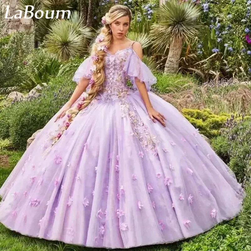 

LaBoum Women’s Elegant Lilac Quinceanera Dresses 3D Flowers Beaded Off Shoulder Ball Gown Lace up Vestidos de 15 Años Sweet 16