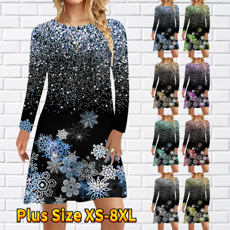 

New Design Printed Knee Length Skirt Retro Long Sleeve Skirt Autumn Winter Women's Round Neck Fashion Casual Midi Skirt Dress