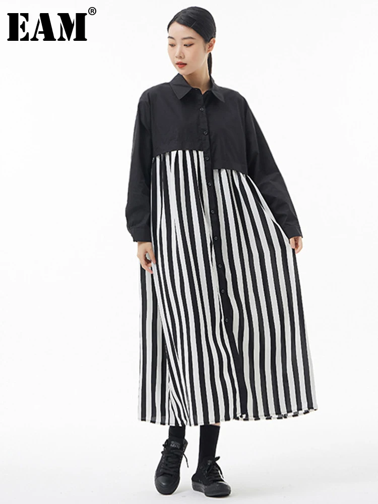 

[EAM] женское черное Полосатое платье большого размера, длинное платье с отворотом, длинный рукав, свободный крой, весна-осень 2022, 1DE6358